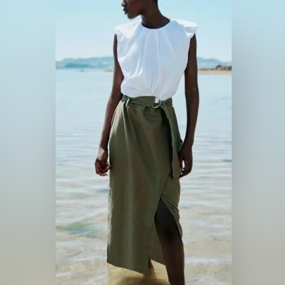 Zara Dresses & Skirts - Zara Dress with White Sleeveless Blouse and Attached Green Linen Blend Skirt